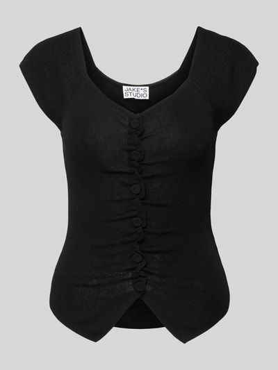 Produktfoto, Strickshirt mit Knopfleiste und Raffungen von JAKE*S STUDIO WOMAN, schwarz, Viskose-Mix, Körpernaher-Schnitt, V-Ausschnitt, Rückenlänge 43 cm in Größe S.