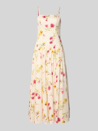 Produktfoto, Midikleid mit verstellbaren Trägern von Jake*s Collection, florales Muster, taillierter Schnitt, blickdichtes Unterkleid, cremefarbener Stoff