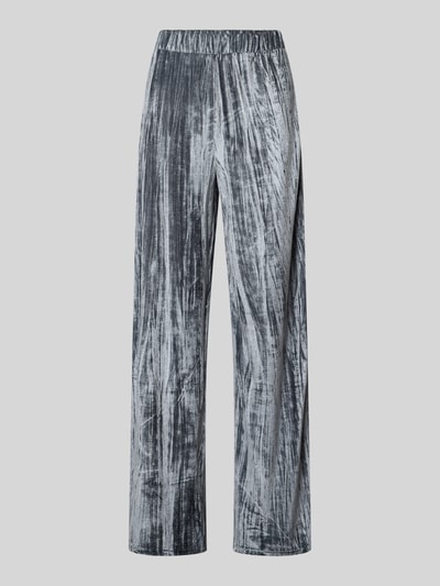 Produktfoto, Samthose aus weichem Stoff in Grau mit Elastikbund, Regular Fit, Produktname: 'Schimernde Hose aus Samt mit elastischem Bund' von Christian Berg Woman, samtige Textur, Bundweite 30 cm, Innenbeinlänge 78 cm bei Größe S