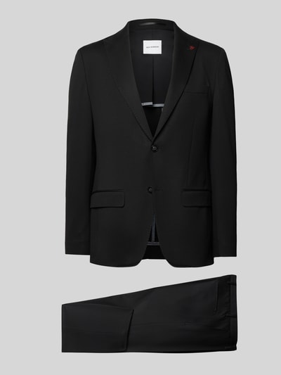 Produktfoto, Extra Slim Fit Anzug in unifarbenem Design von Roy Robson, mieszanka wiskozy z dodatkiem streczu, marynarka na 2 guziki, kołnierz z połami, kieszenie z patką, spodnie z kantami i wpuszczanymi kieszeniami, szerokość w rozmiarze 50: 43 cm, długość tyłu: 73 cm, szerokość ramion: 42 cm, długość rękawów: 65 cm, długość wewnętrzna nogawki: 80 cm, kolor czarny, gładka faktura