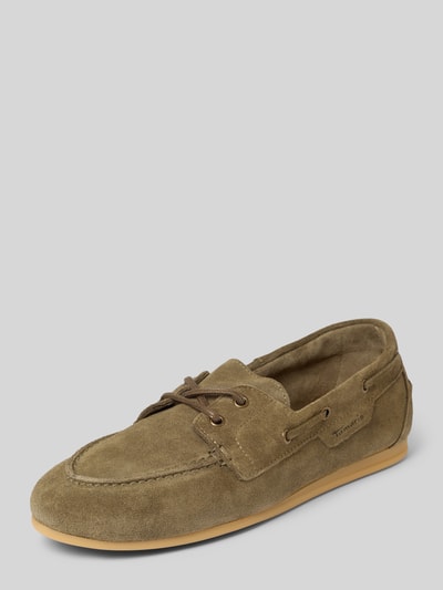 Productfoto, Mokassins aus echtem Leder van Tamaris, effen olijfgroen, afgeronde neus, plat, labelreliëf, veters, gestructureerde suède zool, slip-on, materiaal: echt leer