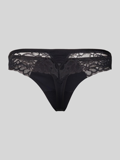Produktfoto, czarny, półprzezroczysty String mit Spitze Modell 'THONG_BLOSSOM' od BOSS z kwiatowym wzorem, logo, metalicznymi akcentami, elastyczny pas