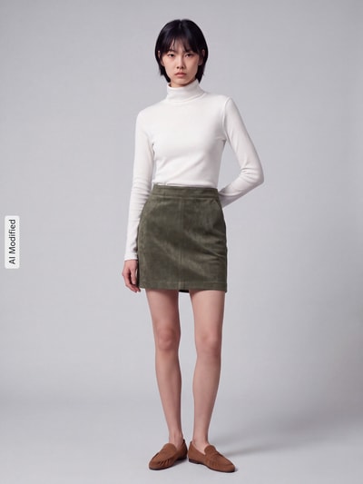 Vrouwenmodel draagt Ausgestellter Mini-Rock aus reiner Baumwolle Modell 'DONNADINA' van VERO MODA, groene kleur, zachte textuur, Ganzkörperansicht van voren, KI-modificeerd beeld