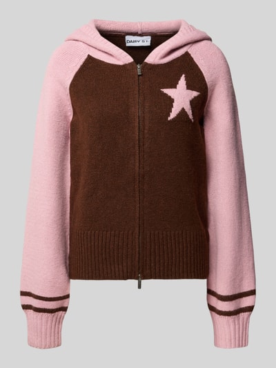 Produktfoto, Strickjacke mit Zweiwege-Reißverschluss Modell 'NOUGAT' von DAISY STREET in Braun und Rosa, Sternmotiv, Kapuze, Material-Mix mit Stretch-Anteil, Regular Fit, klare Farbtrennung, sichtbare Strickstruktur
