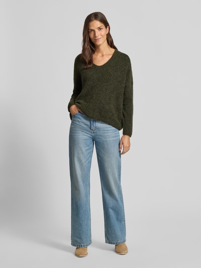 MOS MOSH Oversize sweter z dzianiny z mieszanki wełny i alpaki model „THORA” Oliwkowy 1