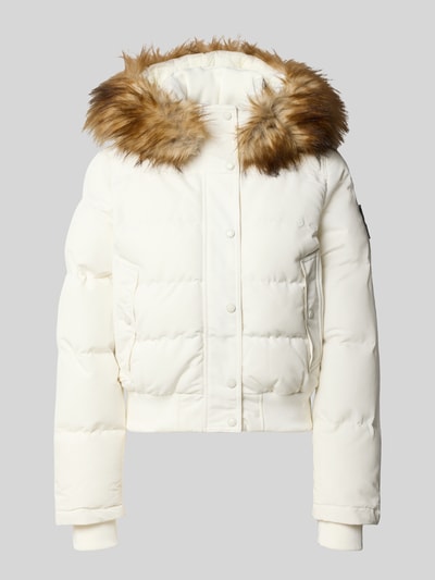 Produktfoto, kurtka pikowana z kapturem i sztucznym futrem, Model 'EVEREST BOMBER' od Superdry, krój regular fit, listwa guzikowa, wpuszczane kieszenie z zapięciem na zatrzask, długość tyłu w rozmiarze S: 56 cm, szerokość ramion w rozmiarze S: 39 cm, szerokość w rozmiarze S: 55 cm, długość rękawów w rozmiarze S: 69 cm