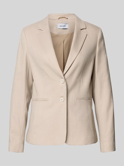 Produktfoto, Slim Fit Blazer mit Reverskragen und Paspeltaschen von More & More aus Material-Mix mit Viskose-Anteil in Beige, glatte Textur, Knopfverschluss, Rückenlänge 62 cm, Brustweite 45 cm, Ärmellänge 62 cm bei Größe 36.