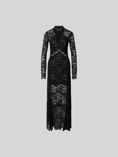 Produktfoto, Maxikleid aus Spitze mit Stretch-Anteil von Rabanne in Schwarz, elastischer Material-Mix, Stehkragen, langärmelig, körpernahe Passform, Gesamtlänge 149 cm, Brustweite 40 cm, Taillenweite 31 cm.
