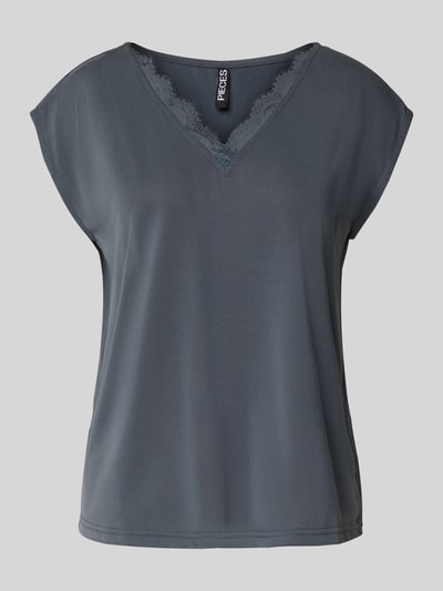 Pieces Loose fit T-shirt met kant, model 'KAMALA' Rookblauw - 2