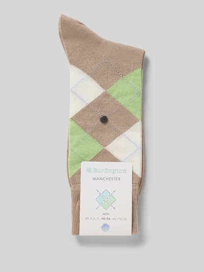 Produktfoto, Socken aus Baumwoll-Mix Modell 'MANCHESTER' von Burlington in Beige, Grün und Weiß mit elastischen Bündchen und Label-Details