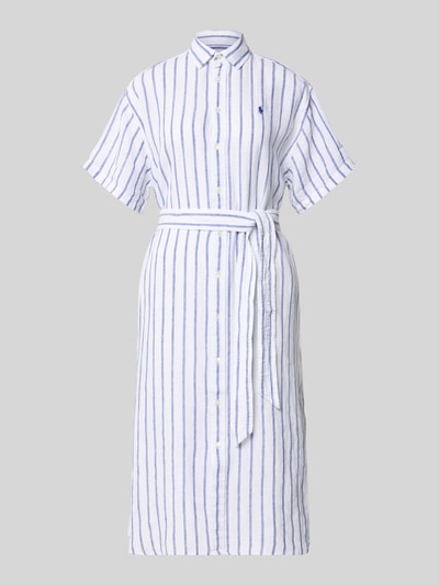 Produktfoto, Oversized Hemdblusenkleid aus reinem Leinen von Lauren Ralph Lauren, dwukolorowy, krój oversized, długość midi, kołnierzyk koszulowy, dekolt w serek, wzór w paski, wyhaftowane logo, listwa guzikowa, krótki rękaw, cieniowana przędza, materiał: len