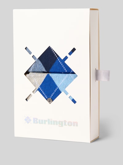 Produktfoto, Socken mit Label-Applikation 2er-Pack von Burlington, blaue Karomuster, elastischer Baumwoll-Mix, Verpackung mit Label-Print