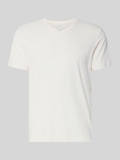 Produktfoto, Regular Fit T-Shirt aus reiner Baumwolle von Tom Tailor in Unifarbe mit V-Ausschnitt und Logo-Stitching, kurzarm, Jerseytextur
