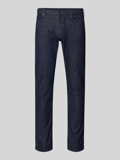 Produktfoto, Jeans mit Eingrifftaschen von Emporio Armani aus dunkelblauem Baumwoll-Mix mit Stretch-Anteil, Slim-Fit, Knopf-Reißverschluss, glatte Oberfläche, Bundweite 43 cm, Innenbeinlänge 79 cm