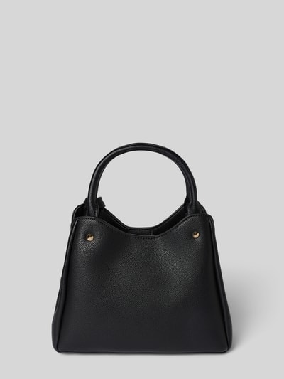 Produktfoto, schwarze Handtasche mit Label-Applikation Modell 'ECO MERIDIAN II' von Guess, strukturierte Oberfläche, abgerundete Form, Tragehenkel und Schulterriemen, Hauptfach mit Reißverschluss, Maße 30x21x12 cm, Schulterriemen 122 cm.