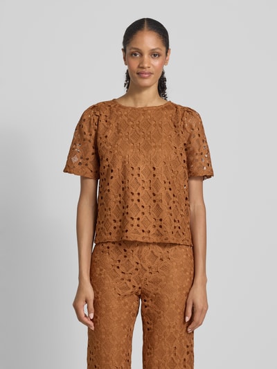 MORE & MORE Blusenshirt mit Lochstickerei und Rundhalsausschnitt Cognac 4