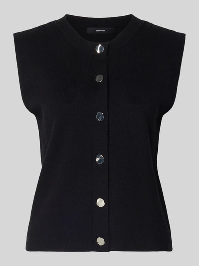 Produktfoto, schwarze Regular Fit Strickjacke aus Viskose-Mix Modell 'GOLD' von Vero Moda in unifarbener Strickoptik, Rundhalsausschnitt, ärmellos, Knopfleiste, gerippter Abschluss.