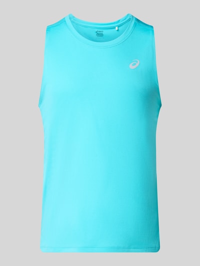 Produktfoto, Regular Fit Tanktop mit Logo-Print Modell 'Core' von ASICS in Türkis, ärmellos, runder Halsausschnitt, glatte Jersey-Textur.
