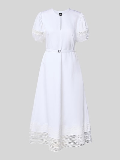 Produktfoto, A-Linie Freizeitkleid aus Lyocell-Leinen-Mix Modell 'DORALIA' von BOSS, Optik: Unifarben, Midi-Länge, Flammgarn-Struktur, V-Ausschnitt, Kurzarm, elastischer Ärmelabschluss.