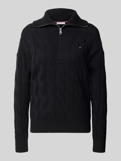 Productfoto, zwarte Relaxed Fit Troyer uit pure wol van Tommy Hilfiger, kabelstructuur, damestroyer