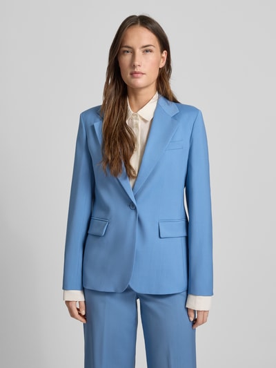 Kobiece model prezentuje taliowany żakiet z czystej żywej wełny Model 'LAMINE' od Weekend Max Mara, efekt: jednolity kolor, krój, kołnierz z połami, rozcięcie z tyłu, zapięcie na 1 guzik, długi rękaw, ozdobne guziki, kieszenie z patką, materiał: czysta żywa wełna; widok na cały korpus z przodu.