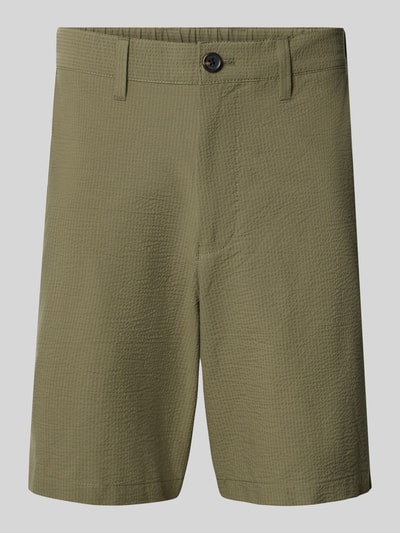 Produktfoto, Regular Fit Bermudas aus Baumwoll-Mix Modell 'KARL' von SELECTED HOMME w kolorze oliwkowym, faktura seersucker, gładka powierzchnia, z kieszeniami i szlufkami, materiał: bawełniany mix