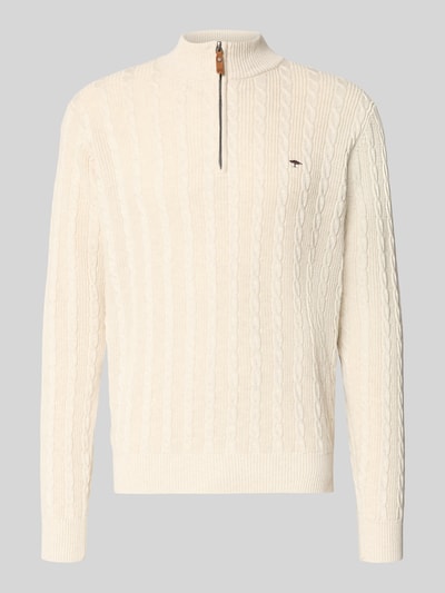 Produktfoto, Strickpullover mit kurzem Reißverschluss van Fynch-Hatton, crème kleur, katoen, regular fit, geribde boorden, recht van voren.
