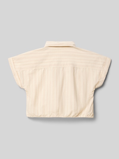 Produktfoto, Regular Fit Hemdbluse mit Zierknoten von Garcia, reine Baumwolle, beige mit feinen Streifen, kurzärmeliges Design, Rückansicht.