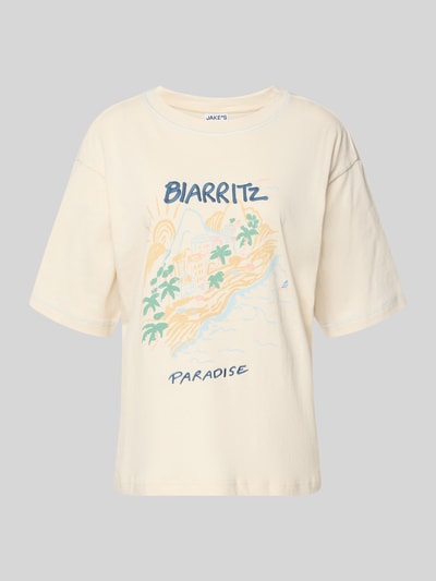 Produktfoto, T-Shirt mit Motiv-Print und Rundhalsausschnitt von Jake*s Casual, cremefarben, Baumwolle, Relaxed Fit, sommerlicher Print, 58 cm Rückenlänge bei Größe S