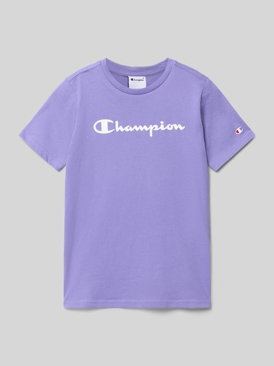 Produktfoto, T-Shirt aus reiner Baumwolle von Champion in Flieder mit weißem Label-Print, gerade Passform, Rundhalsausschnitt, für Kinder
