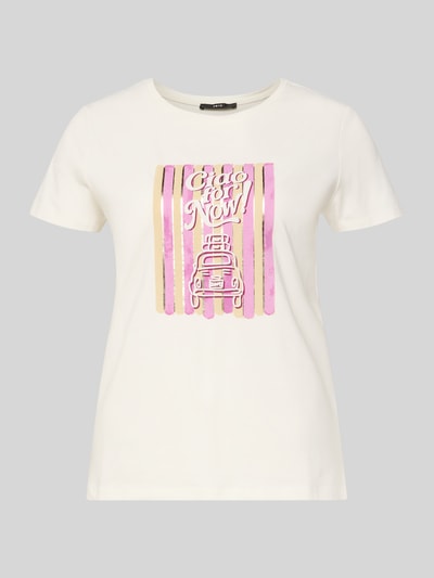 Produktfoto, T-Shirt mit Motiv-Print und Rundhalsausschnitt von Zero, gerade geschnitten, cremefarben mit rosa und goldfarbenem Print, Rückenlänge 58 cm bei Größe 36