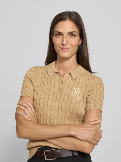 Lauren Ralph Lauren Gebreid shirt met kabelpatroon en polokraag, model 'NATRISSA' Camel - 3