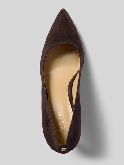 Productfoto, Pumps aus echtem Leder Modell 'ALINA' van MICHAEL Michael Kors in donkerbruine Wildleerlook, spitse model, gladde zool, Naaldhak, Hakhoogte maat 40: 8 cm, Schachthoogte 7 cm, Schachtbreedte 20 cm.