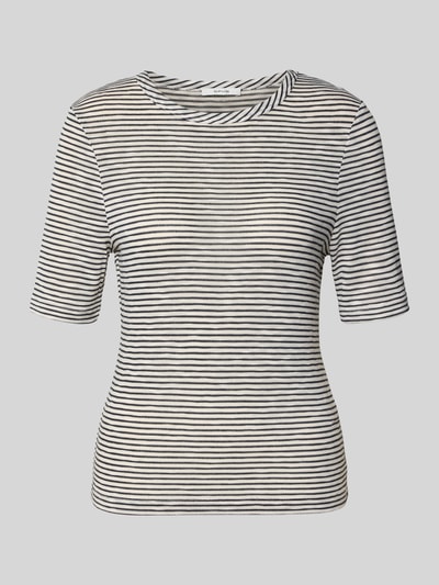 Produktfoto, Damen T-Shirt mit schmalem Streifenmuster in Schwarz-Weiß, Material-Mix mit Viskose-Anteil, Slim-Fit, Rundhalsausschnitt, Modell 'Sambi' von OPUS, 1/2-Arm, Rückenlänge 57 cm bei Größe 36