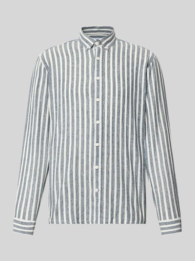 Produktfoto, Relaxed Fit Freizeithemd mit Button-Down-Kragen von Lindbergh im Leinen-Baumwoll-Mix, vertikale Streifen, Knopfleiste, Sportmanschetten, Rückenlänge 64 cm, Schulterbreite 41 cm, Ärmellänge 64 cm