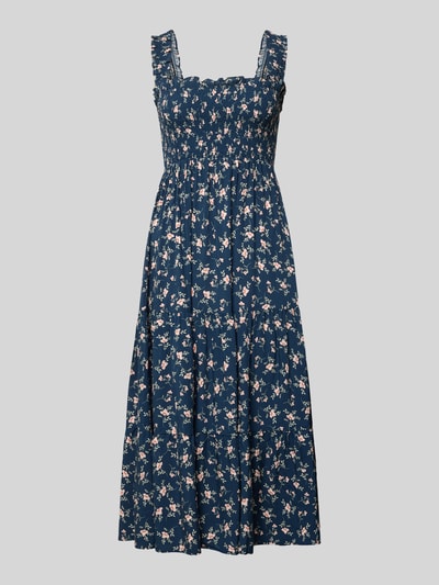 Produktfoto, Midikleid mit Rüschen und Karree-Ausschnitt von Apricot aus Reine Viskose, Taillierter Schnitt, Smok-Details, Volantsaum, florales Muster