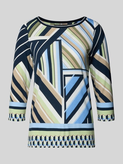 Productfoto, Blusenshirt mit 3/4-Arm van Betty Barclay, dames blusenshirt van viscose-elastaanmix, rechte fit, ronde hals, ruglengte 60 cm, geometrisch patroon in blauw, groen, beige en zwart.