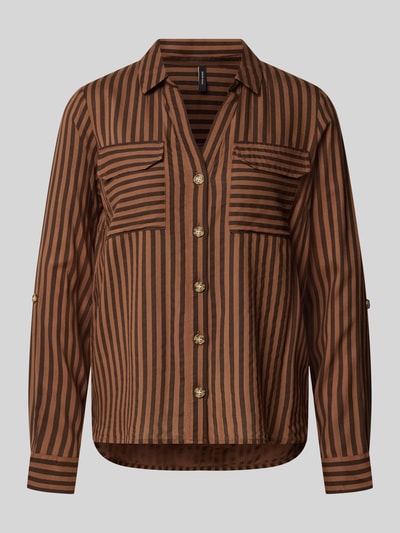Produktfoto, Regular fit blouse met lange mouwen van pure viscose model 'BUMPY' van VERO MODA in bruin met zwarte verticale en horizontale strepen, Dames