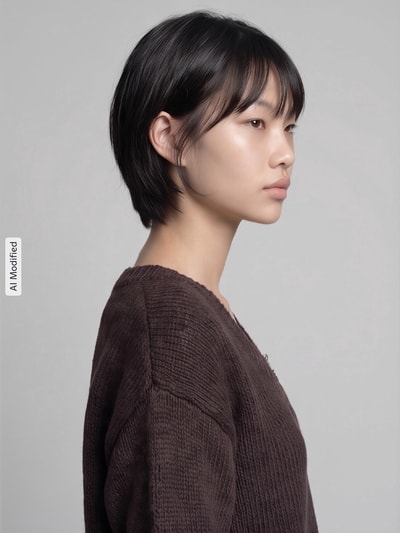 Frauenmodel trägt Figurumschmiegendes Freizeitkleid mit Spitzenbesatz von ROBE LÉGÈRE in Dunkelbraun, Nahaufnahme Oberkörper, KI-modifiziertes Bild.