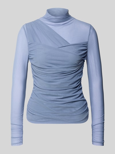 Produktfoto, Slim Fit Langarmshirt aus semitransparentem Mesh Modell 'C_ETULAH' von BOSS Orange, Optik: Unifarben, Wickeloptik, hochgeschlossen, lange Ärmel, offene Kanten, Materialverarbeitung: Mesh, zarte blaue Farbtöne, feine Netzstruktur, glatte und leicht transparente Textur.