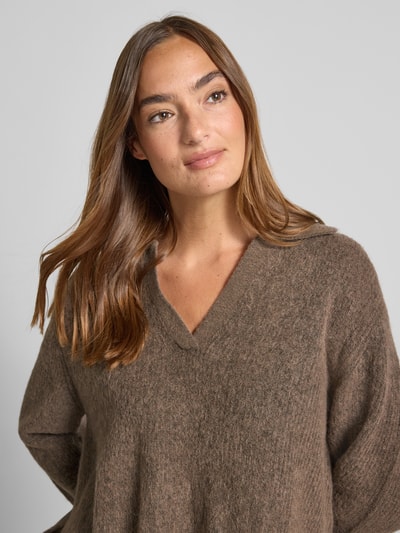 MOS MOSH Sweter z dzianiny z mieszanki wełny z kołnierzykiem polo model ‘Thora Aidy’ Szarobrązowy 3