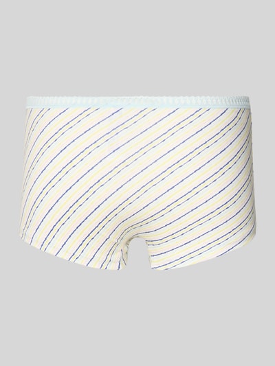 Produktfoto, Slim Fit Panties mit Logo-Print Modell 'Crush' im 3er-Pack von Sloggi aus Elastischer-Material-Mix mit gelben und blauen Streifen. Damen Panties, Slim-Fit, Modell 'Crush', 3er-Pack, Logo-Print.