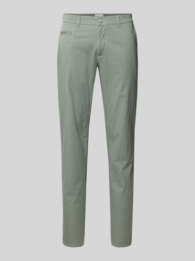 Produktfoto, Fein strukturierte Hose Modell 'Fabio' von BRAX in hellem Grün aus Baumwoll-Elasthan-Mix, Regular-Fit, mit Eingrifftaschen, Bundweite 42 cm, Innenbeinlänge 82 cm.