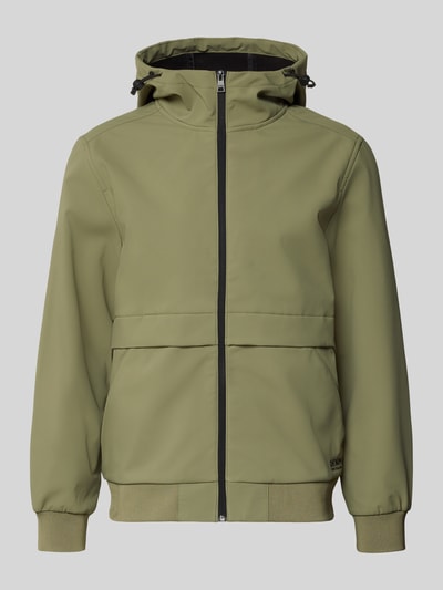 Produktfoto, Regular Fit Funktionsjacke mit Kapuze von Tom Tailor Denim in unifarbenem Olivgrün, elastische Abschlüsse, wasserdicht, atmungsaktiv, wärmeisoliert.