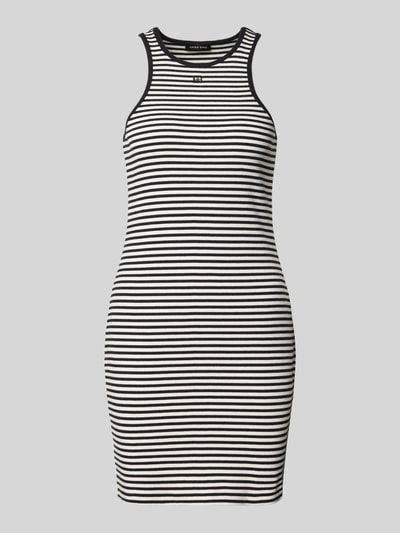Produktfoto, Slim Fit Kleid in Strick-Optik von Anine Bing, ärmelloses Design, Rundhalsausschnitt, Elastischer Baumwoll-Mix, schwarz-weiße Streifen, Logo-Stitching, Gesamtlänge 84 cm, Brustweite 39 cm.