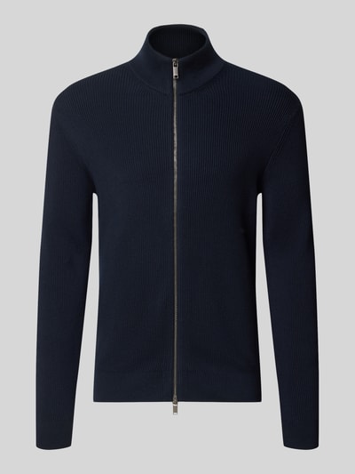 Produktfoto, dunkelblaue Strickjacke mit Stehkragen Modell 'LEVI' von MCNEAL aus Baumwoll-Mix, gerader Schnitt, Zwei-Wege-Reißverschluss
