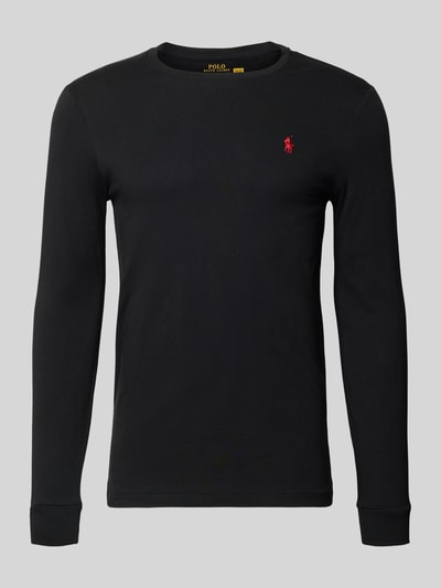 Produktfoto, zwarte Custom Slim Fit Longsleeve met rood label-stitching van Polo Ralph Lauren, katoen, ronde hals, gladde textuur