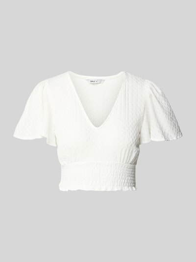 Produktfoto, Regular Fit Crop Top met structuurpatroon model 'HANNAH' van Only, look: effen, gesmokt borstband, vlindermouwen, V-hals, korte mouw, rompzoom met smok, dames kort top