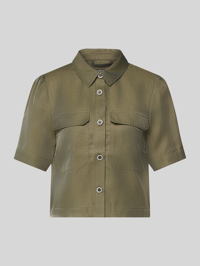 Produktfoto, Regular Fit Bluse aus Lyocell-Mix mit Brusttaschen von MORE, oliwkowa, gładka struktura, Kołnierzyk koszulowy, Listwa guzikowa, Mieszanka lyocellu z lnem, krój regular fit, Długość tyłu w rozmiarze 36: 45 cm, Długość rękawów w rozmiarze 36: 28 cm