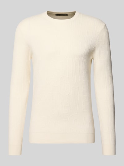 Produktfoto, cremefarbener Strickpullover aus Viskose-Mix Modell 'NESTOR' von GUESS, feine Reliefstruktur, Slim Fit, Allover-Look, Rundhalsausschnitt